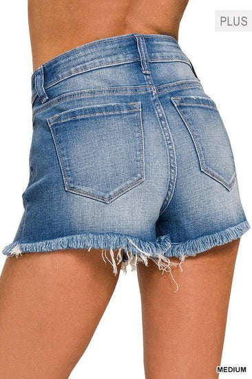 Plus Mid Rise Raw Frayed Hem Denim Shorts - Rebel K Collective