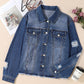 Plus Size Distressed Button Up Raw Hem Denim Jacket - Rebel K Collective