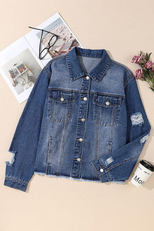 Plus Size Distressed Button Up Raw Hem Denim Jacket - Rebel K Collective