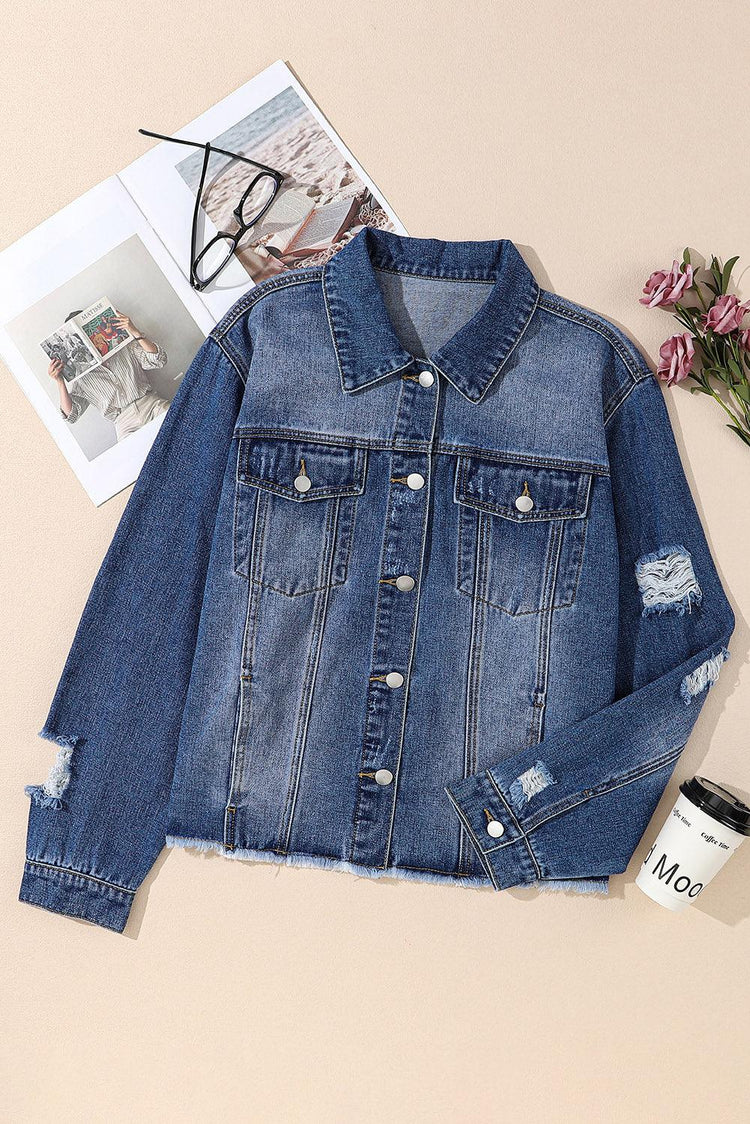 Plus Size Distressed Button Up Raw Hem Denim Jacket - Rebel K Collective