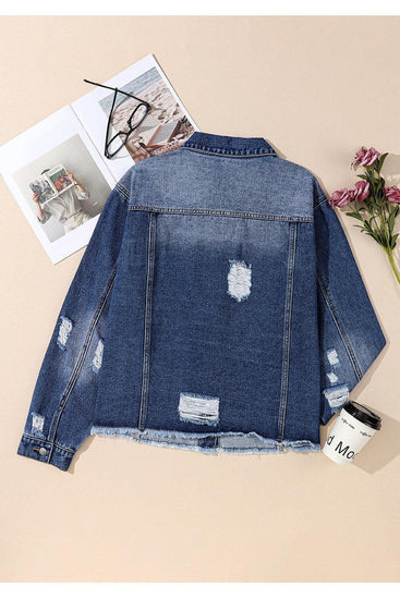 Plus Size Distressed Button Up Raw Hem Denim Jacket - Rebel K Collective