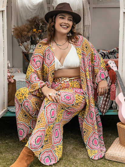 Plus Size Printed Open Front Cover Up and Pants Set - Rebel K Collective