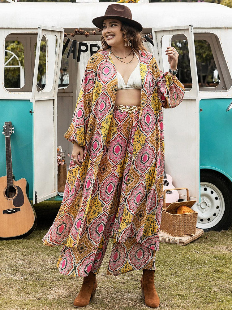 Plus Size Printed Open Front Cover Up and Pants Set - Rebel K Collective