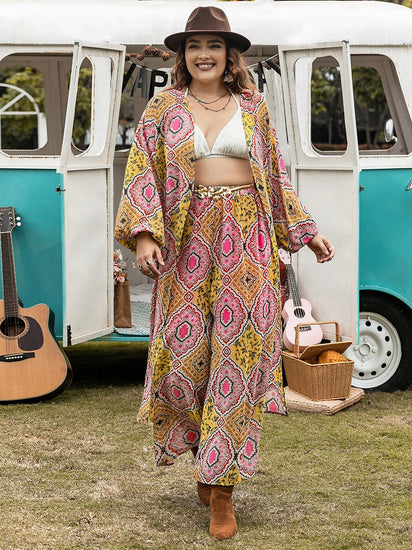 Plus Size Printed Open Front Cover Up and Pants Set - Rebel K Collective