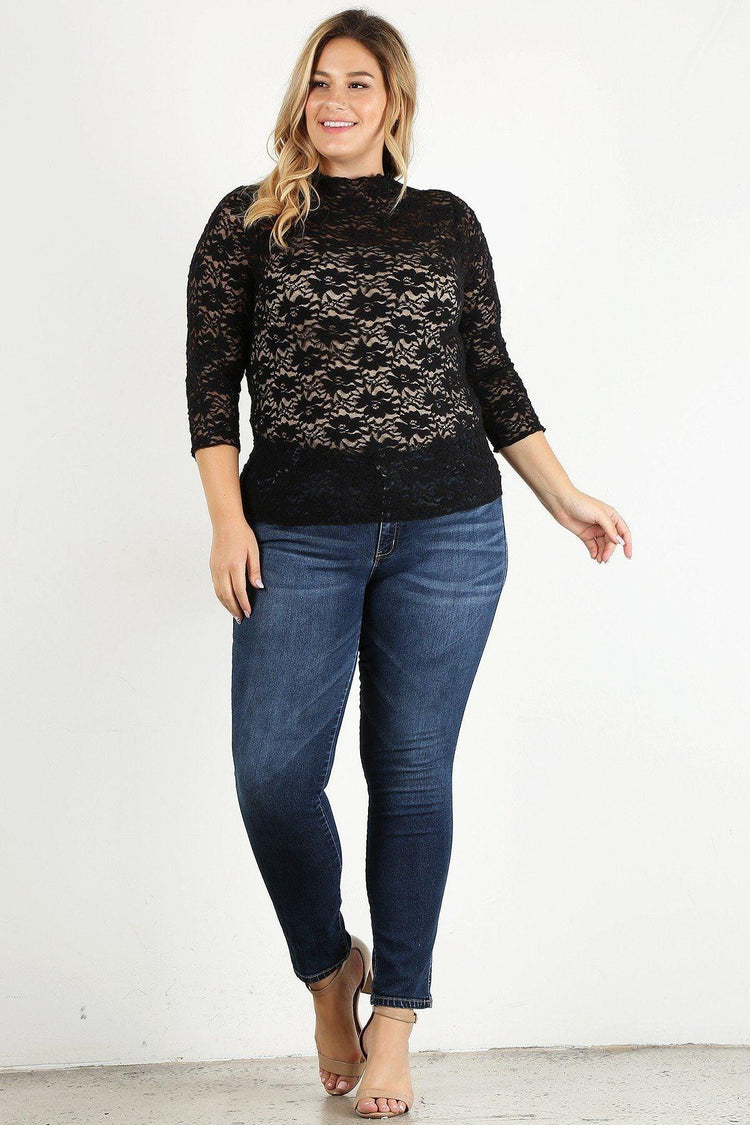 Plus Size Sheer Lace Fitted Top - Rebel K Collective