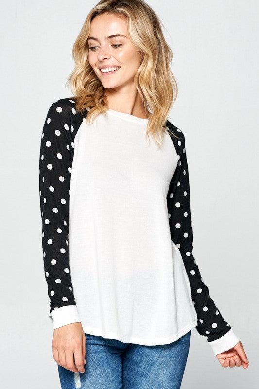 POLKA DOT SOLID MIXED LONG SLEEVE ROUND NECK TOP - Rebel K Collective