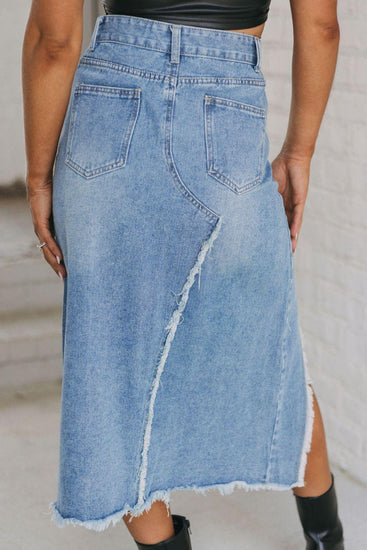 Raw Hem Slit Denim Skirt with Pockets - Rebel K Collective