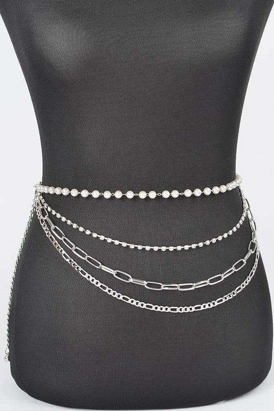 Rhinestone Pearl Station Layered Chain Belt - Rebel K Collective