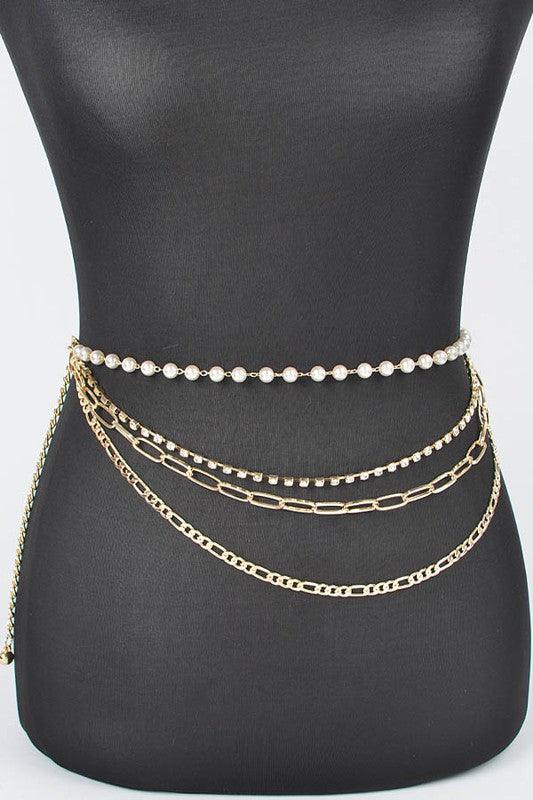 Rhinestone Pearl Station Layered Chain Belt - Rebel K Collective