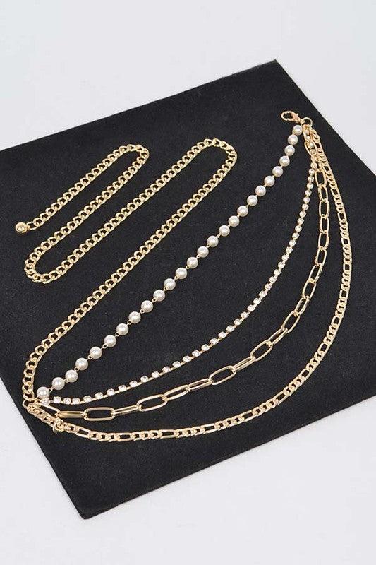 Rhinestone Pearl Station Layered Chain Belt - Rebel K Collective