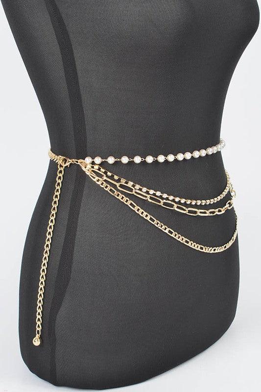 Rhinestone Pearl Station Layered Chain Belt - Rebel K Collective