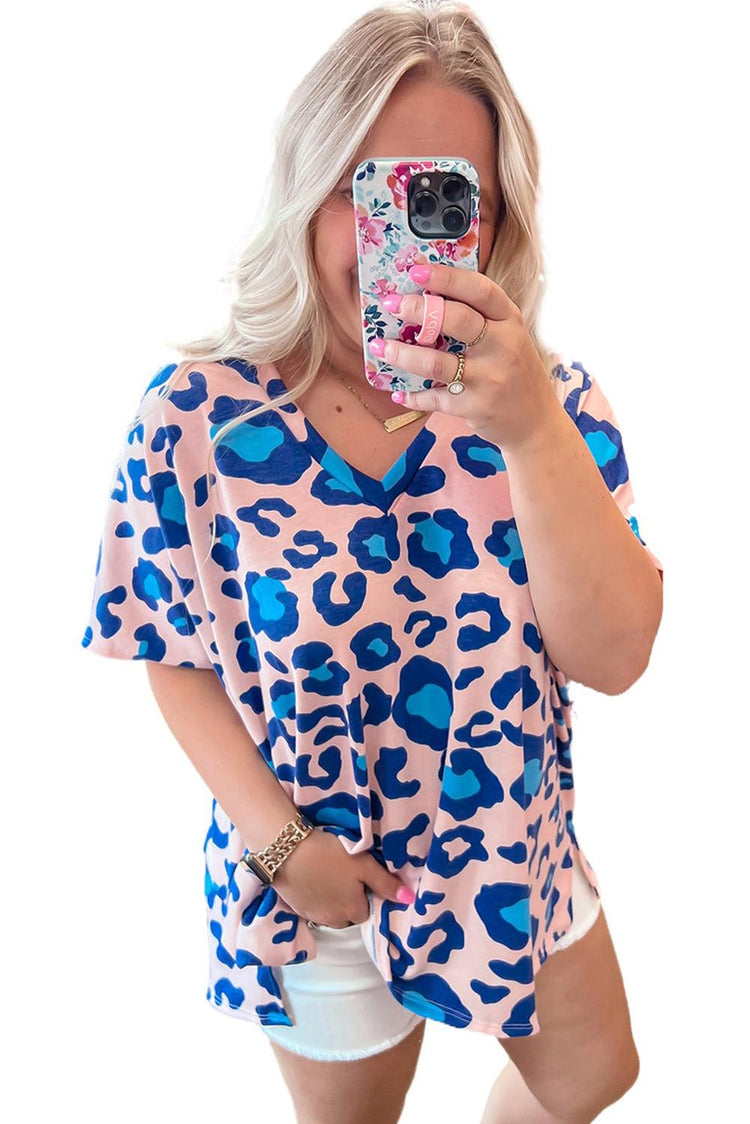 Rose Leopard Print V Neck Plus Size Tee - Rebel K Collective