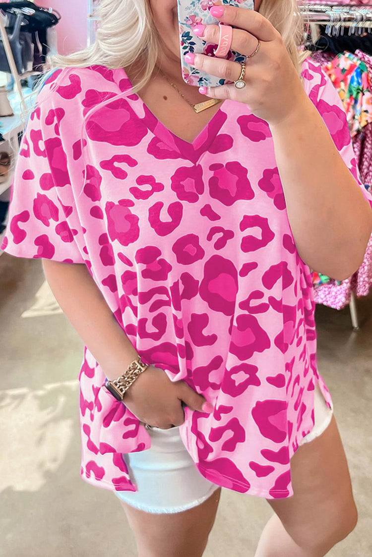 Rose Leopard Print V Neck Plus Size Tee - Rebel K Collective