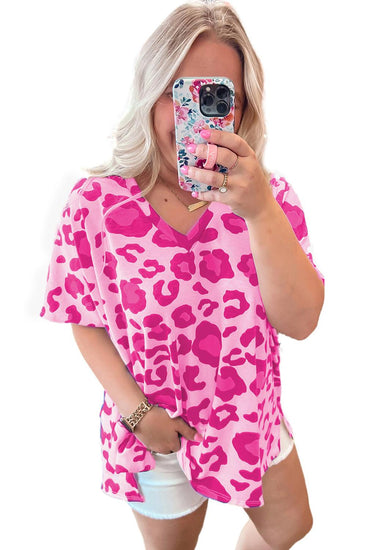 Rose Leopard Print V Neck Plus Size Tee - Rebel K Collective