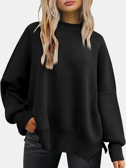 Round Neck Drop Shoulder Slit Sweater - Rebel K Collective