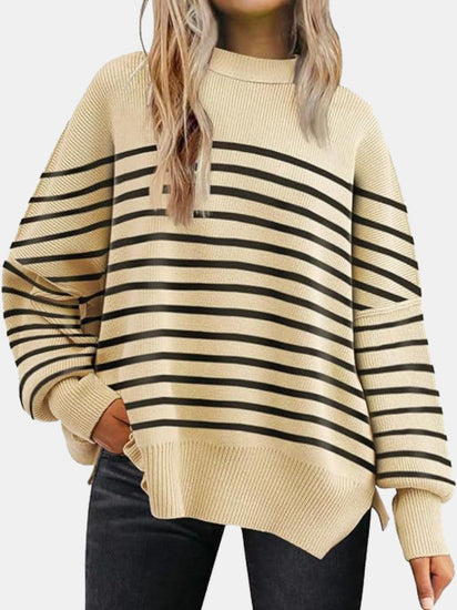 Round Neck Drop Shoulder Slit Sweater - Rebel K Collective