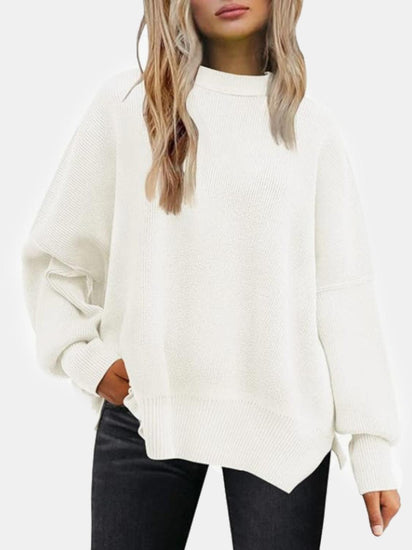 Round Neck Drop Shoulder Slit Sweater - Rebel K Collective