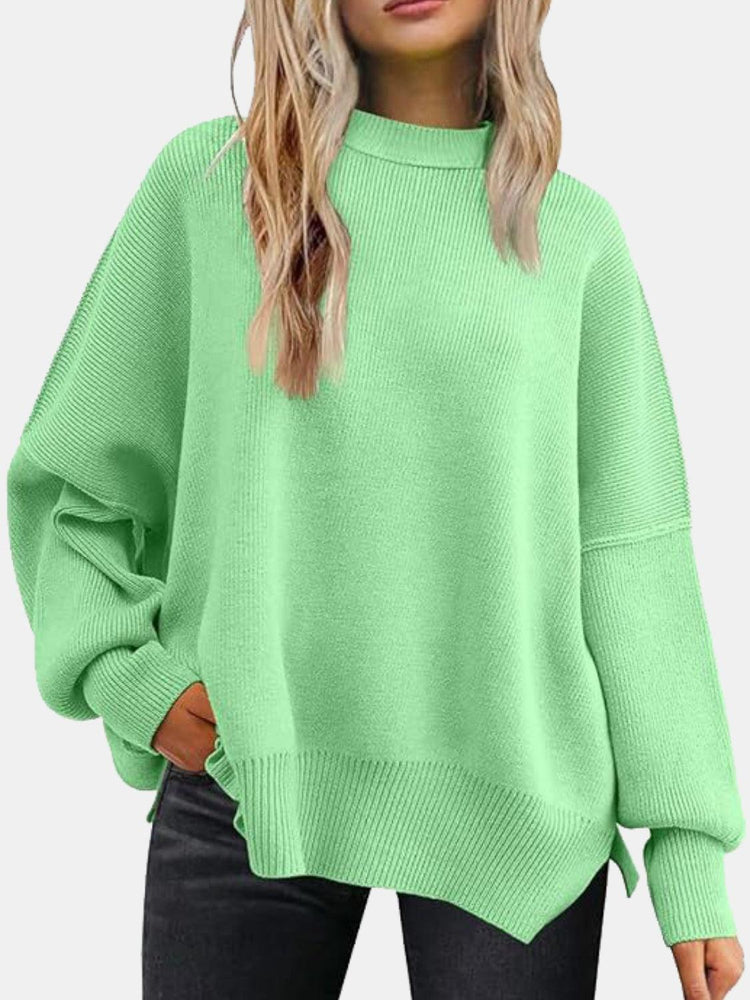 Round Neck Drop Shoulder Slit Sweater - Rebel K Collective