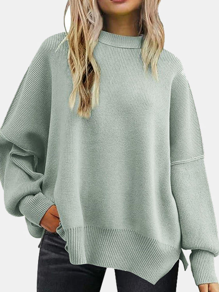 Round Neck Drop Shoulder Slit Sweater - Rebel K Collective