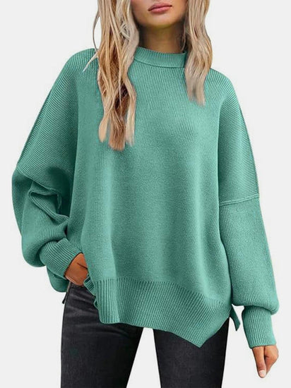 Round Neck Drop Shoulder Slit Sweater - Rebel K Collective