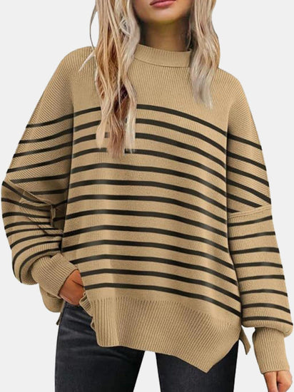 Round Neck Drop Shoulder Slit Sweater - Rebel K Collective