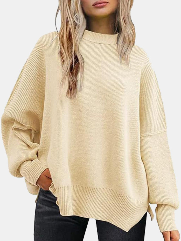 Round Neck Drop Shoulder Slit Sweater - Rebel K Collective