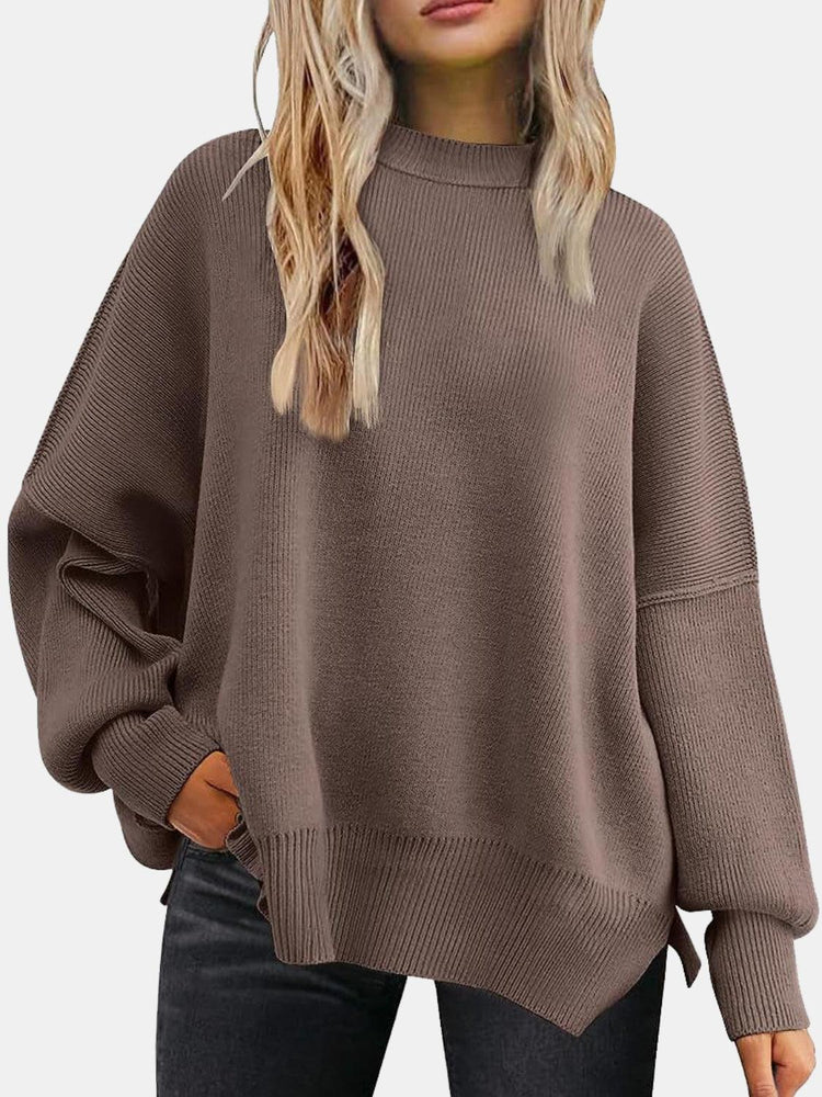 Round Neck Drop Shoulder Slit Sweater - Rebel K Collective