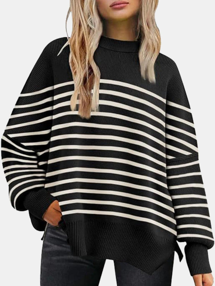 Round Neck Drop Shoulder Slit Sweater - Rebel K Collective