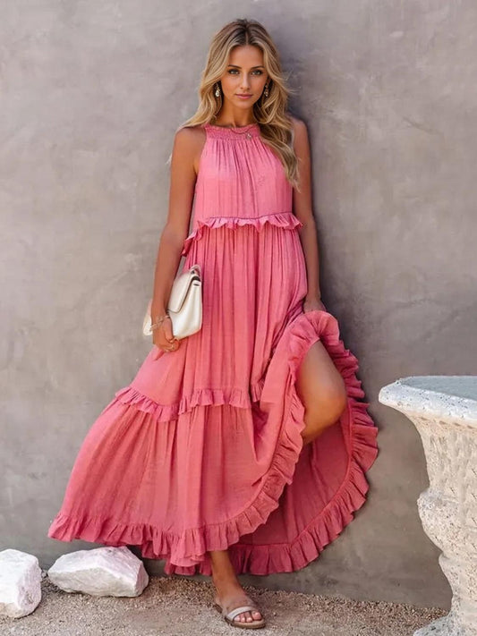 Ruffled Sleeveless Tiered Maxi Dress with Pockets - Rebel K Collective