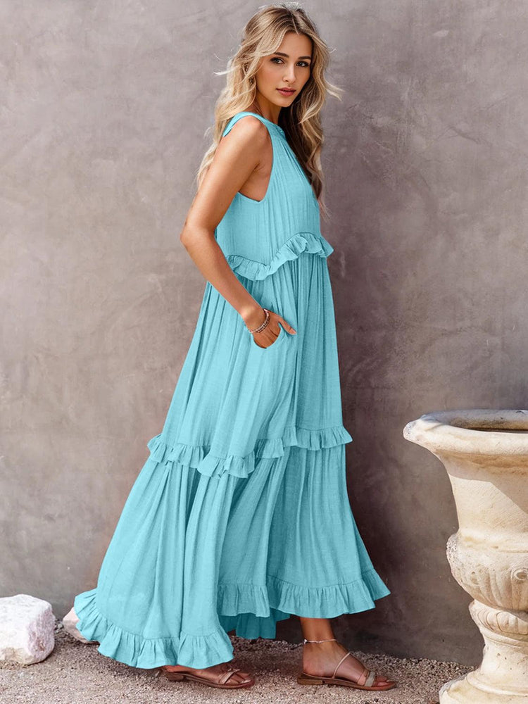 Ruffled Sleeveless Tiered Maxi Dress with Pockets - Rebel K Collective