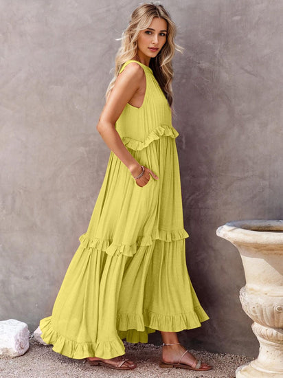 Ruffled Sleeveless Tiered Maxi Dress with Pockets - Rebel K Collective