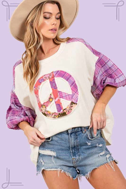 SAGE + FIG Full Size Peace Applique Patch with Plaid Contrast Top - Rebel K Collective