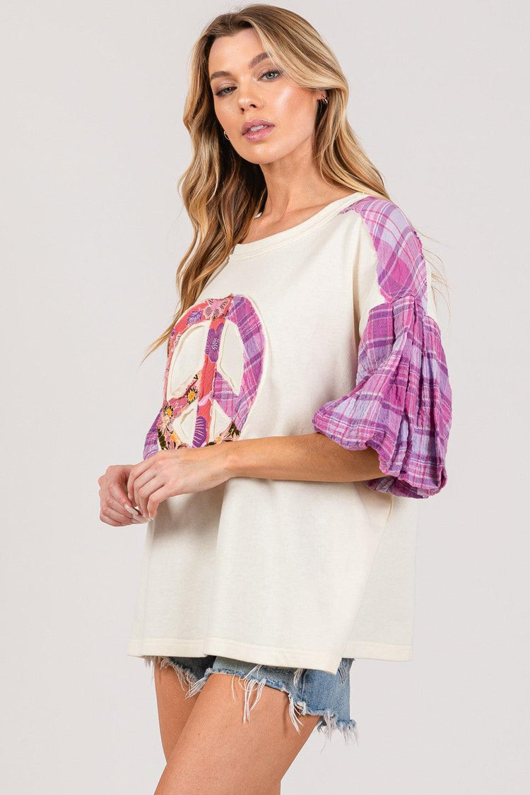 SAGE + FIG Full Size Peace Applique Patch with Plaid Contrast Top - Rebel K Collective