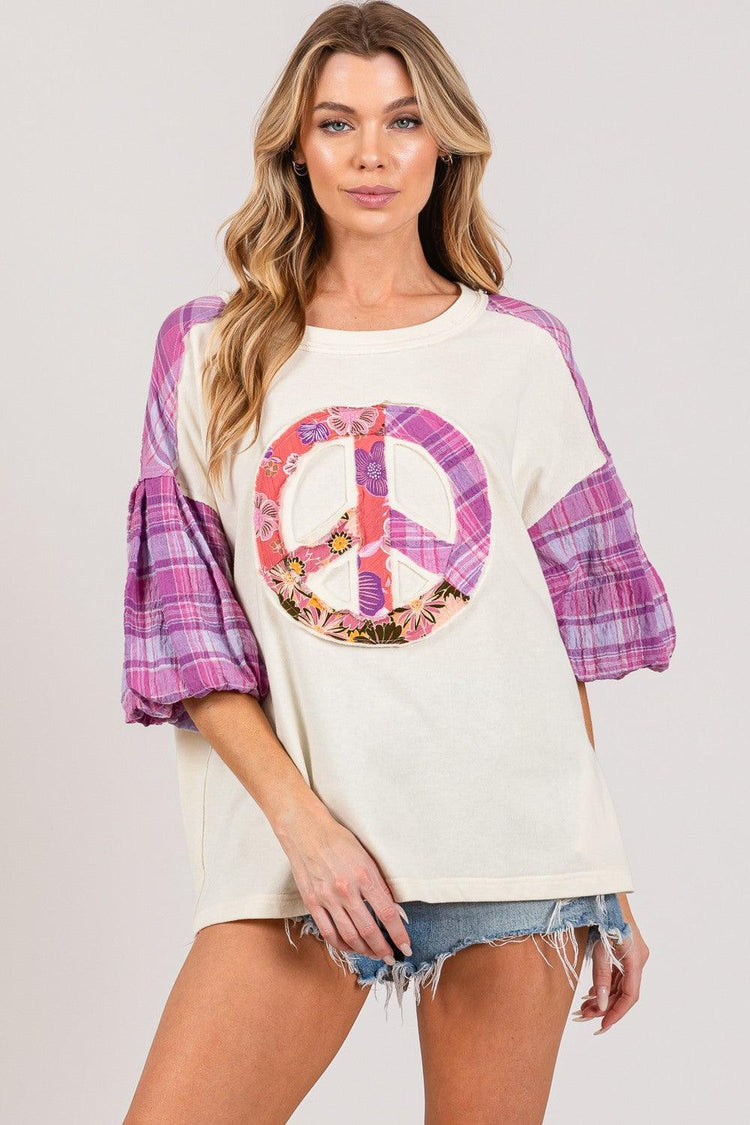 SAGE + FIG Full Size Peace Applique Patch with Plaid Contrast Top - Rebel K Collective