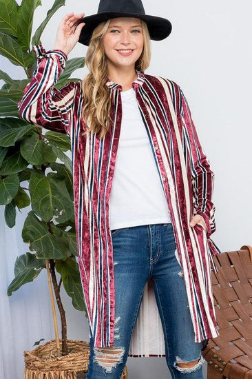 STRIPE VELVET LONG CARDIGAN - Rebel K Collective