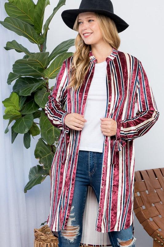 STRIPE VELVET LONG CARDIGAN - Rebel K Collective