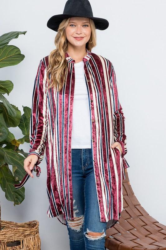 STRIPE VELVET LONG CARDIGAN - Rebel K Collective