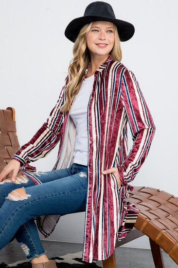 STRIPE VELVET LONG CARDIGAN - Rebel K Collective