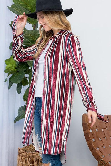 STRIPE VELVET LONG CARDIGAN - Rebel K Collective