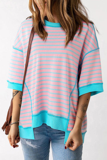 Light pink and baby blue striped top with round neck and half sleeve