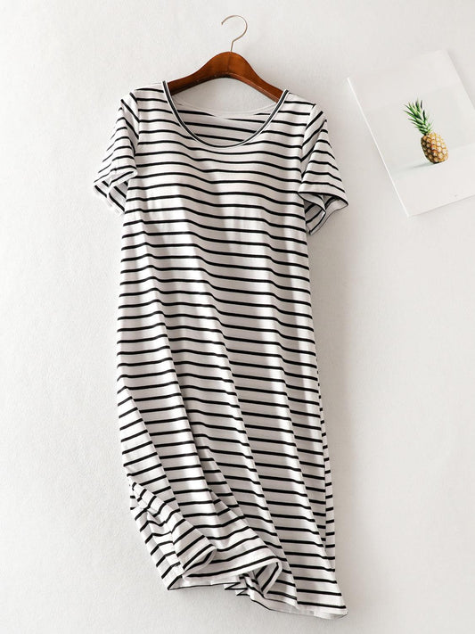 Striped Round Neck Short Sleeve Dress - Rebel K Collective