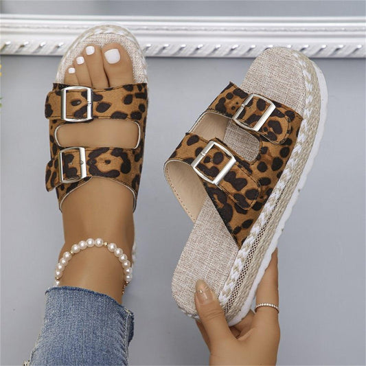 Summer Double Buckle Leopard Print Flat Sandals Hemp Thick-soled Sandals Seaside Vacation Beach Shoes For Women - Rebel K Collective