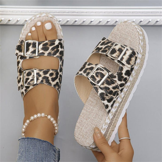 Summer Double Buckle Leopard Print Flat Sandals Hemp Thick-soled Sandals Seaside Vacation Beach Shoes For Women - Rebel K Collective
