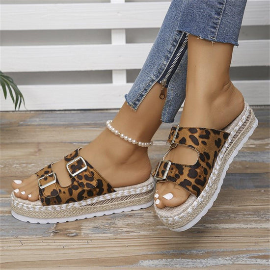 Summer Double Buckle Leopard Print Flat Sandals Hemp Thick-soled Sandals Seaside Vacation Beach Shoes For Women - Rebel K Collective