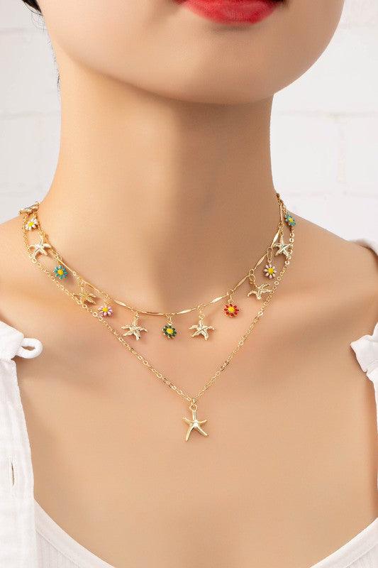 Two row star and flower charm drop necklace - Rebel K Collective