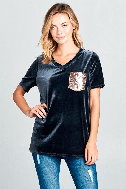 VELVET SEQUINCE POCKET BOXY TOP - Rebel K Collective