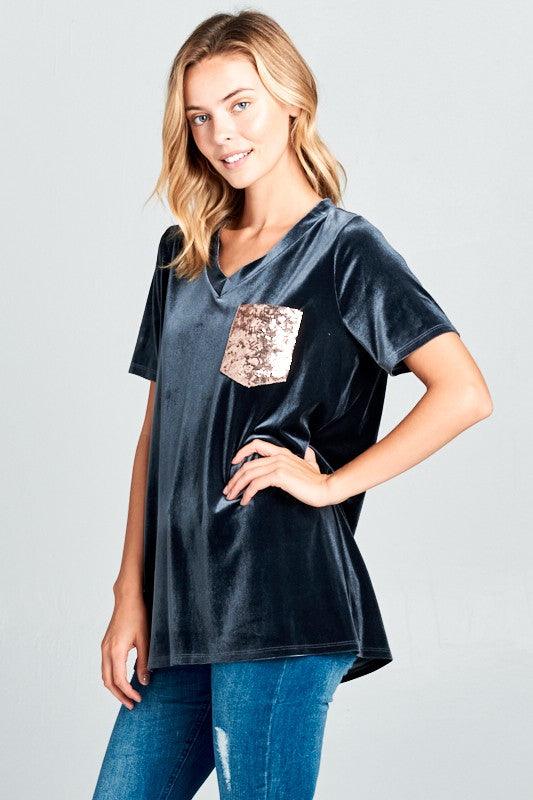 VELVET SEQUINCE POCKET BOXY TOP - Rebel K Collective