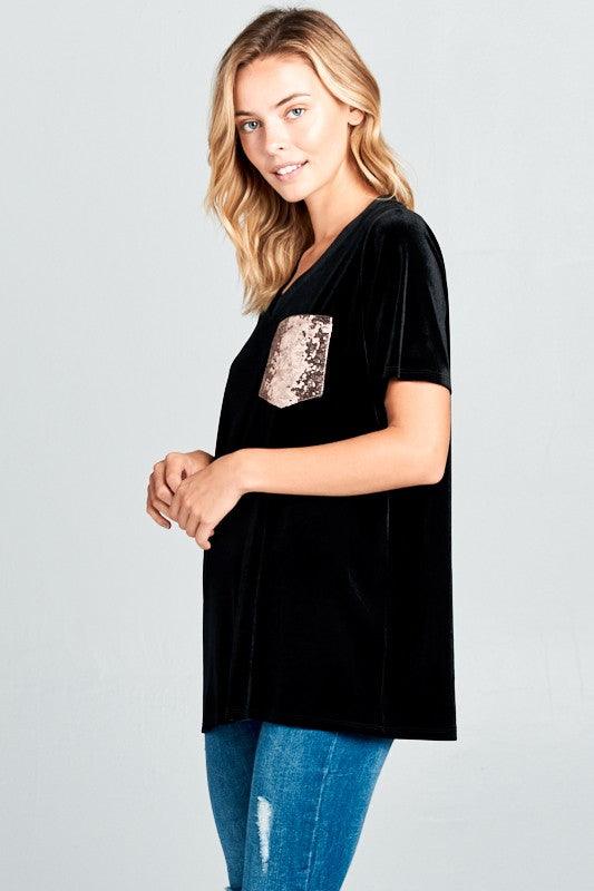 VELVET SEQUINCE POCKET BOXY TOP - Rebel K Collective