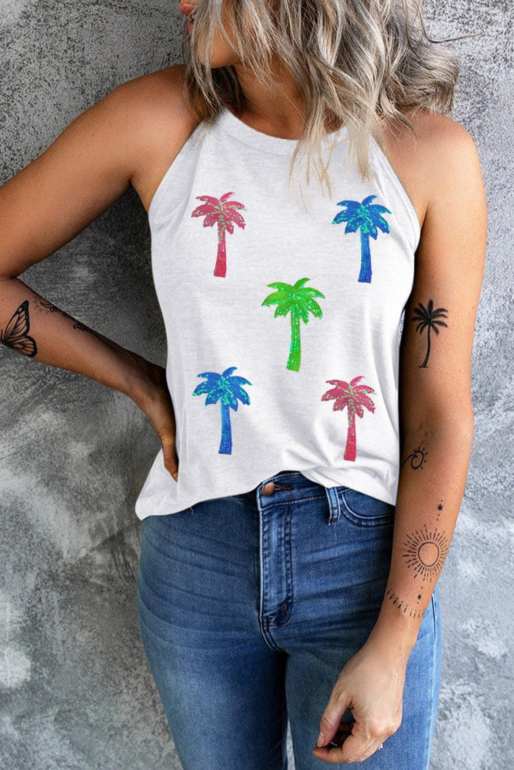 White Sequin Coconut Tree Graphic Halter Neck Tank Top - Rebel K Collective