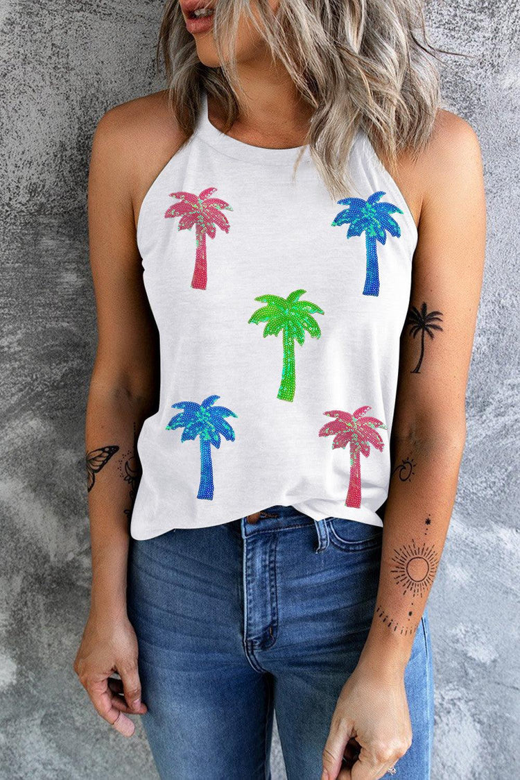 White Sequin Coconut Tree Graphic Halter Neck Tank Top - Rebel K Collective